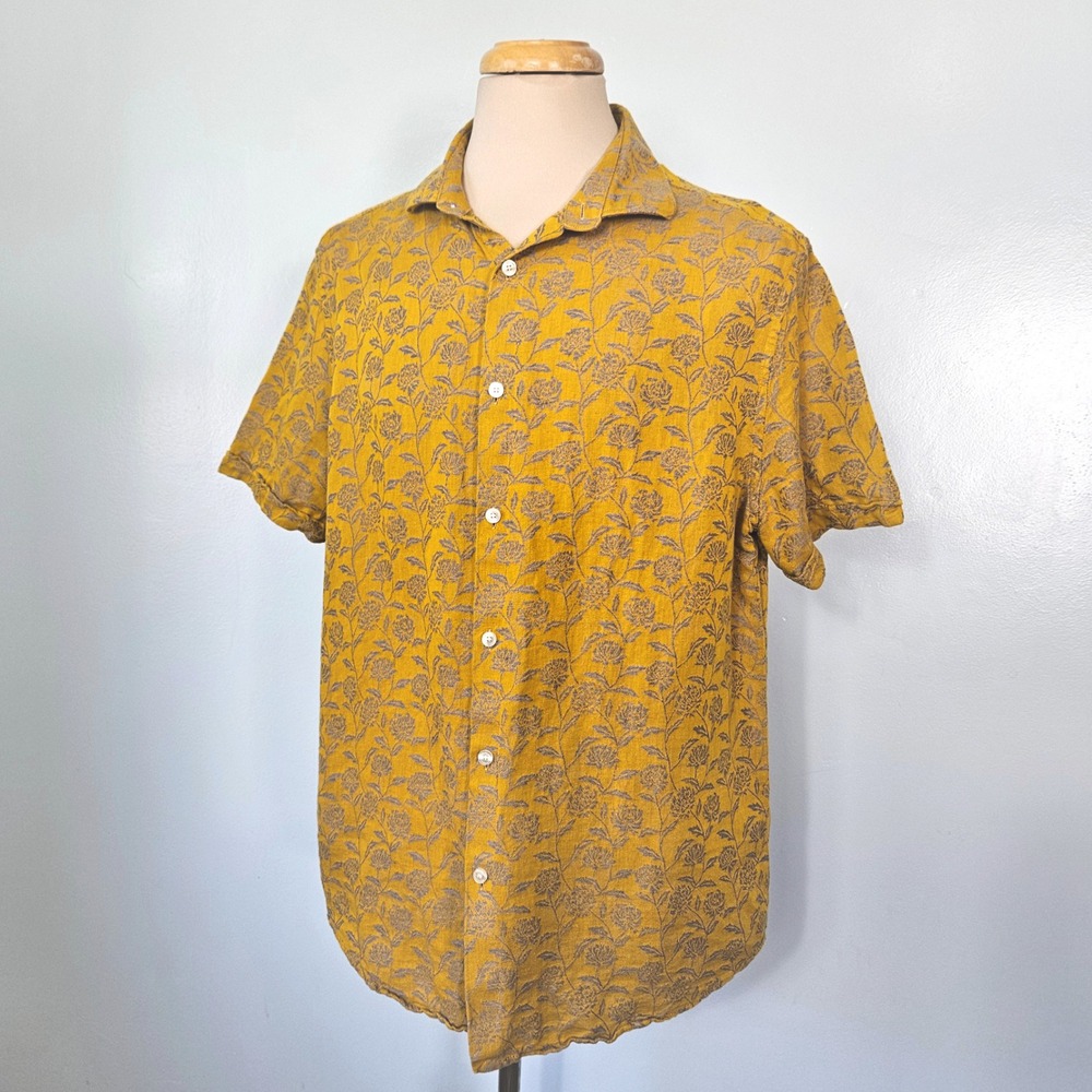Murano Baird McNutt Linen Cotton Floral Button Down Shirt Mustard Yellow Mens L